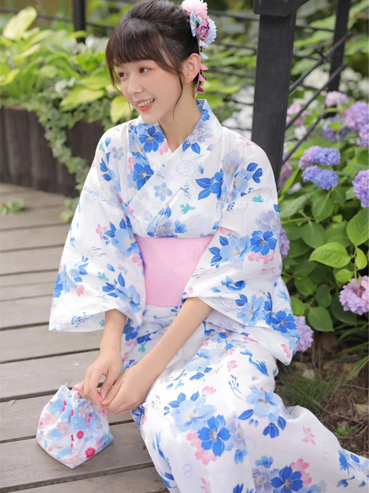 Women's Japanese Kimono Traditional Formal Yukata with Obi Floral Prints Performing Wear Cosplay Costume Photography Dress