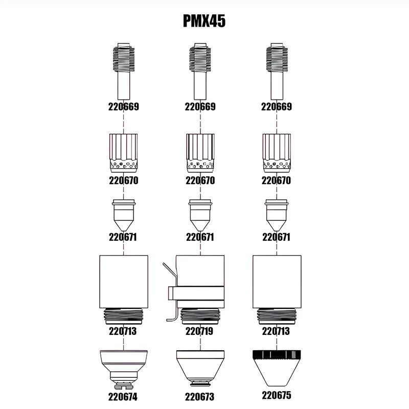 PMX45 Torch Consumables Parts Electrode Nozzle Shield Retaining Cap Swirl Ring 220669 220670 220671 220713 220719 220674 220673