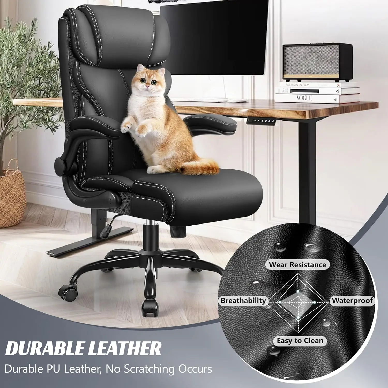 Ergonomic Big Tall Office Chair, Adjustable High Back, Flip-up Armrests, Lumbar Support, Swivel Rocking PC Desk Chair
