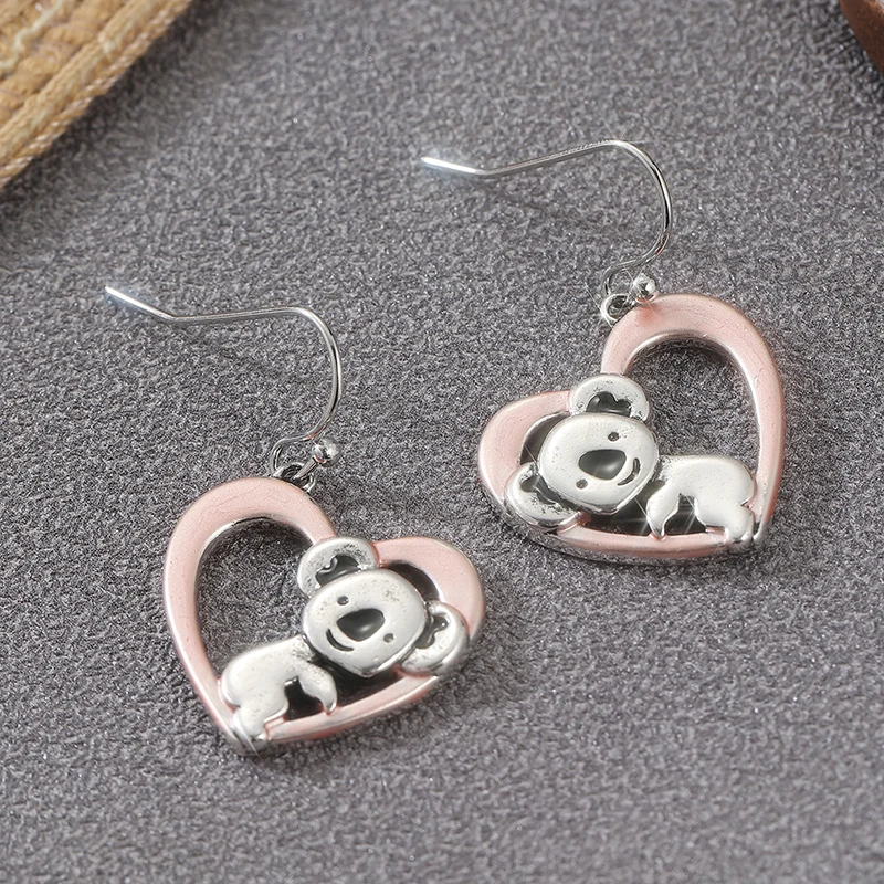 Lovely Handmade Koala Hollow Heart Pendant Earrings for Women Fashion Chic Two Tones Design Banquet Festival Jewelry Accessories view 4