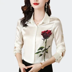 Vintage Floral Print Satin Silk Shirts For Women High Quality Fashion Blouse Women 2025 Casual Ladies Tops Clothes Blusa Mujer