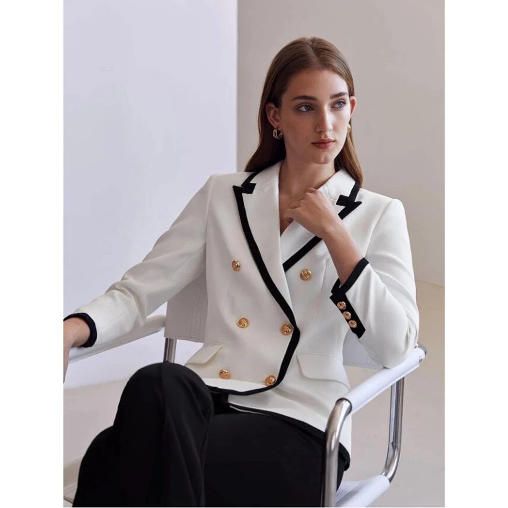 Chic Patchwork Women Jacket Fashion Peak Lapel Double Breasted Coat Slim Elegant Latest Design Daily Causa Basic Blazer 1 Piece