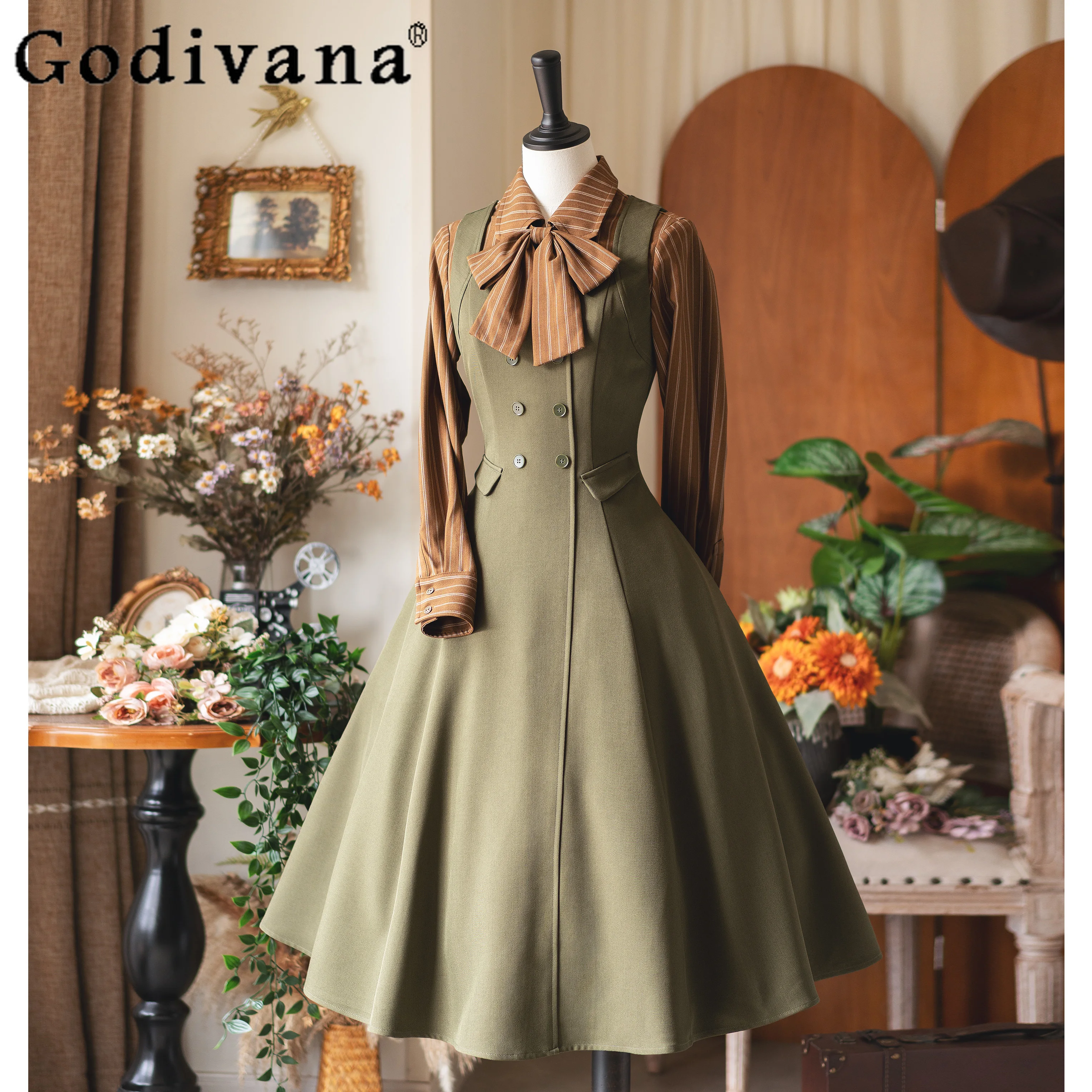 

Original British Retro Elegant Striped Dress Shirt Set Spring Autumn 2025 Women's Slim Fit Elegant Sleeveless Dress Lolita Dress