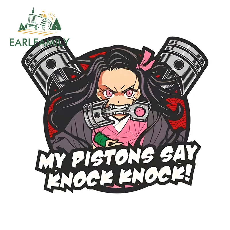 

EARLFAMILY 13cm X 10.9cm for Nezuko My Pistons Say Knock Knock Car Stickers Cute Sunscreen Decals Waterproof Refrigerator Decor
