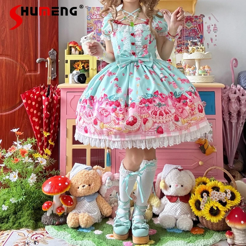 

Sweet Lolita Style Mini Dress Op Summer New Strawberry Milkshake Print Lace Bow Kawaii Princess Dress Girls' Birthday Dresses