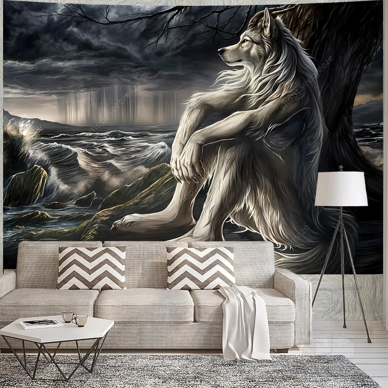 Emo White Wolf Sitting Meme Flag Tapestry Werewolf Tapestries for Bedroom Printed Home Decor Paintings Room Wall Hanging Posters