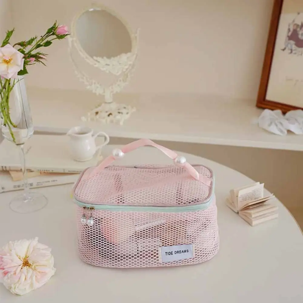 Solid Color Mesh Cosmetic Bag Zipper Storage Bag Transparent Makeup Bag Large Capacity Toiletry Bag Pillow Makeup Pouch Lady