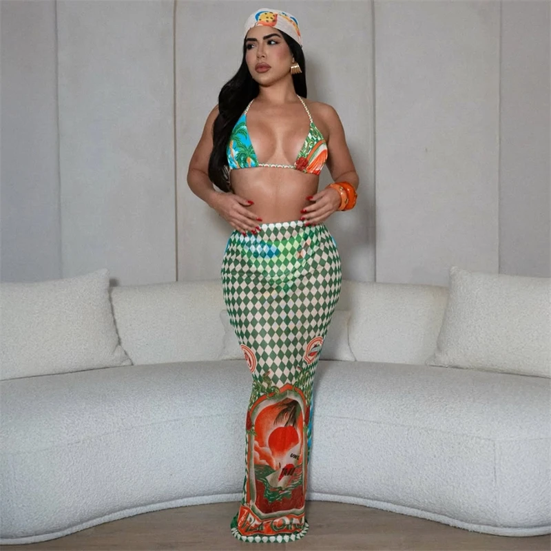 Women Sexy Floral Print Bikinis Sets 2025 Summer Beach Holiday Swimwears Bra+underwear Skirts 3-piece Sets Outfits
