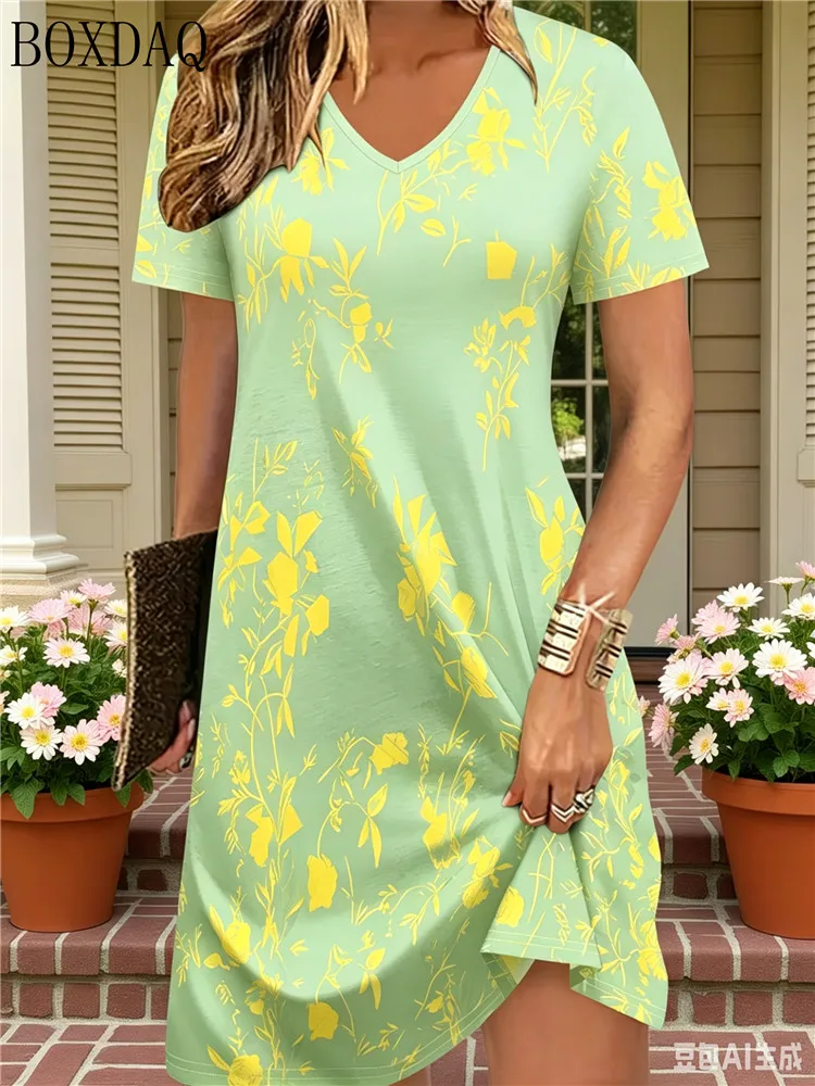New 2026 Ladies Summer V-Neck Short Sleeve Dresses Women's Retro Casual Plus Size Dress Fashion 3D Printed Loose Beach Dress 6XL