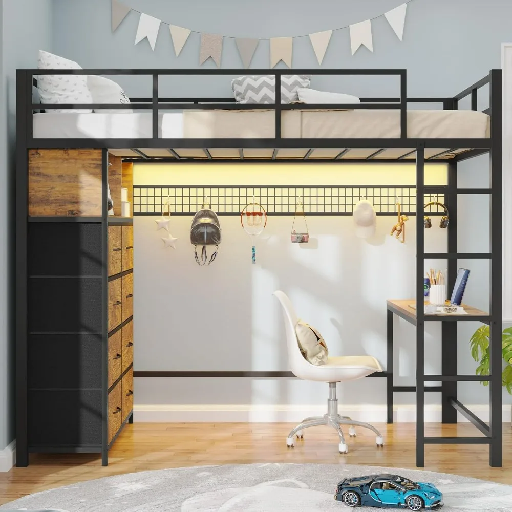 Twin Loft Bed with Desk & 8 Drawers Tall Dresser, Metal Loft Bed with LED Lights & Charging Station, 2-Tier Storage Shelves