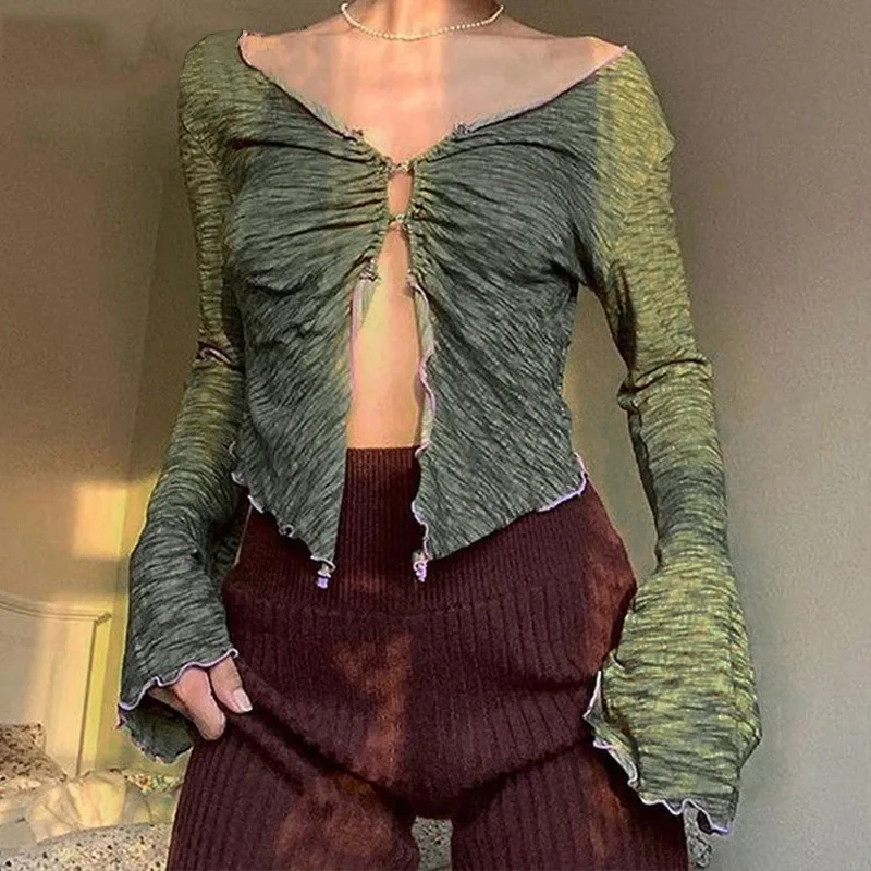 Y2k Millennial-Style Retro Irregular Button Decoration Flared Sleeve Cardigan Long-Sleeved T-Shirt Top Original Style Top