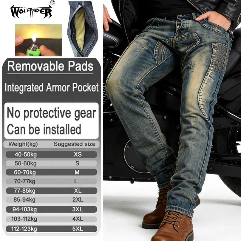 Men Kevlar Motorcycle riding jeans aramid pants retro safety for urban commuting 036 with armor pockets armor not included 036