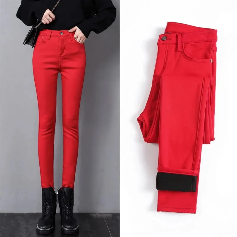 Winter Plush Lined Skinny Jeans Oversized 80kg Slim Pencil Pants Candy Colors Basic Denim Trousers Thicken Warm Stretch Vaqueros