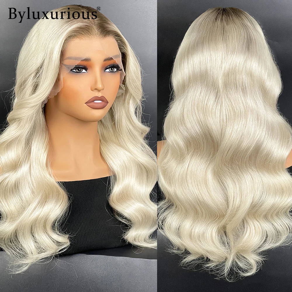 Byluxurious البلاتين لامع الجذر الظل بيتشي موجات 100% عذراء شعر مستعار غير قابل للاكتشاف شعري 180% خفيفة الوزن تصميم الباروكات