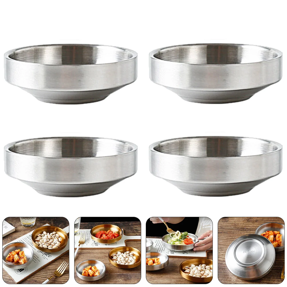 4 Pcs Double Layer Kimchi Bowl Stainless Steel Bowls Sauce Dipping Dish Seasoning Flavor Pickle Tableware