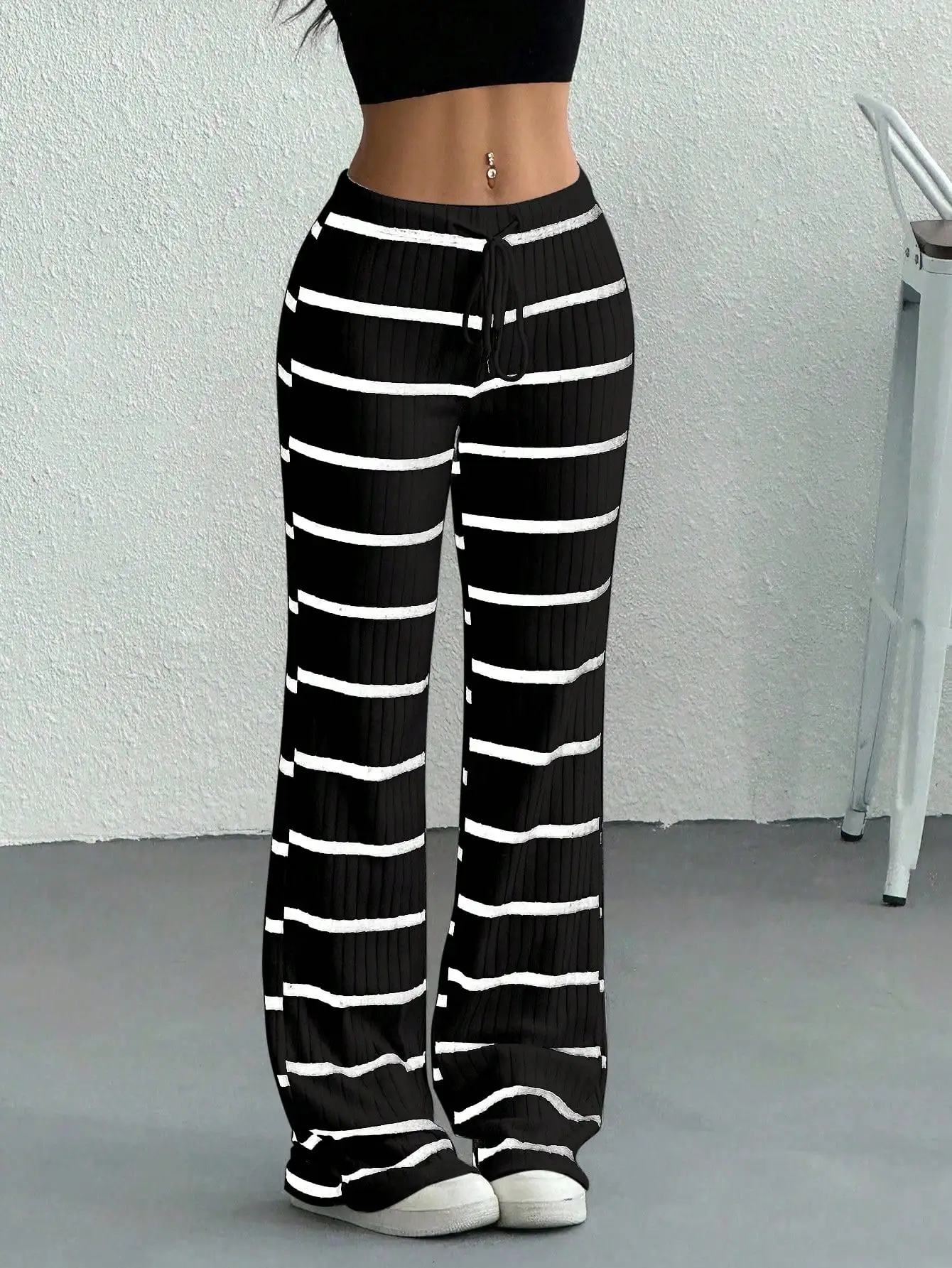 

Plus Size Black White Striped Wide Leg Drawstring Waist Casual Pants