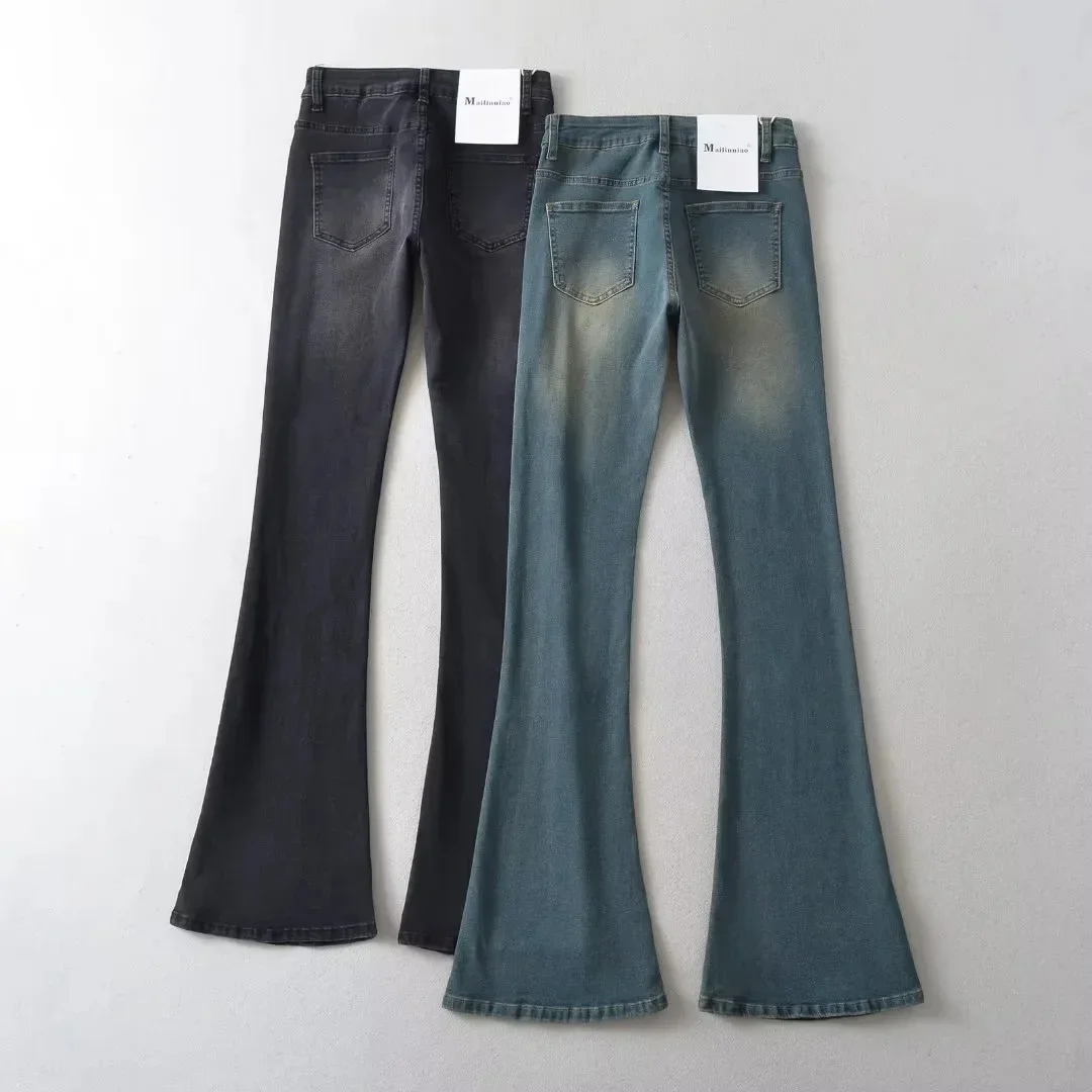 Denim Flare Pants Jeans Women 2025 Autumn Streetwear Vintage Washed Distressed High Waist Stretch Pockets Floor Length Trousers