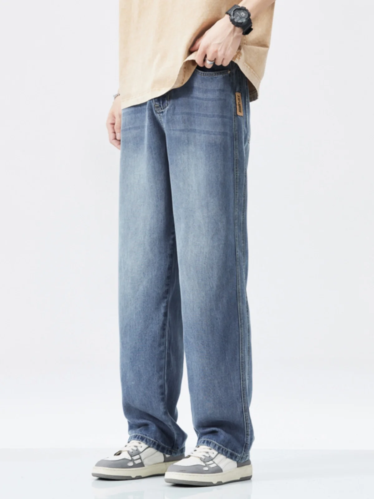 

Летние тонкие широкие прямые повседневные длинные джинсы для мужчин из эластичного лиоцелла, свободного кроя