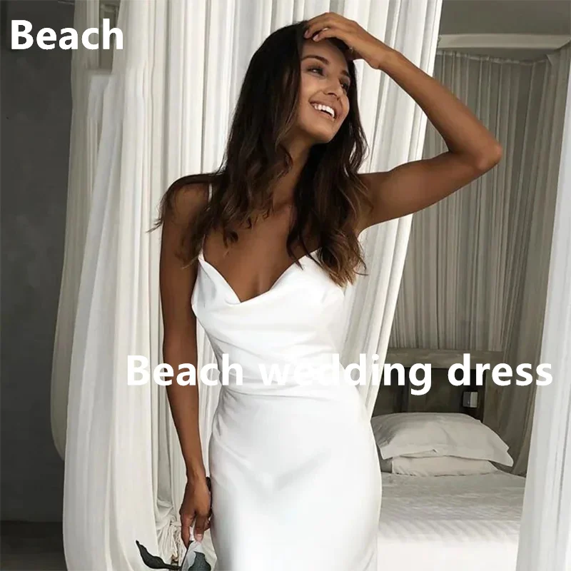 Beach Wedding Dresses Elegant Boho Cowl Neck Draped Bridal Gown Cut Out Back Plain Satin Sweep Train Vestido De Noiva for Bride