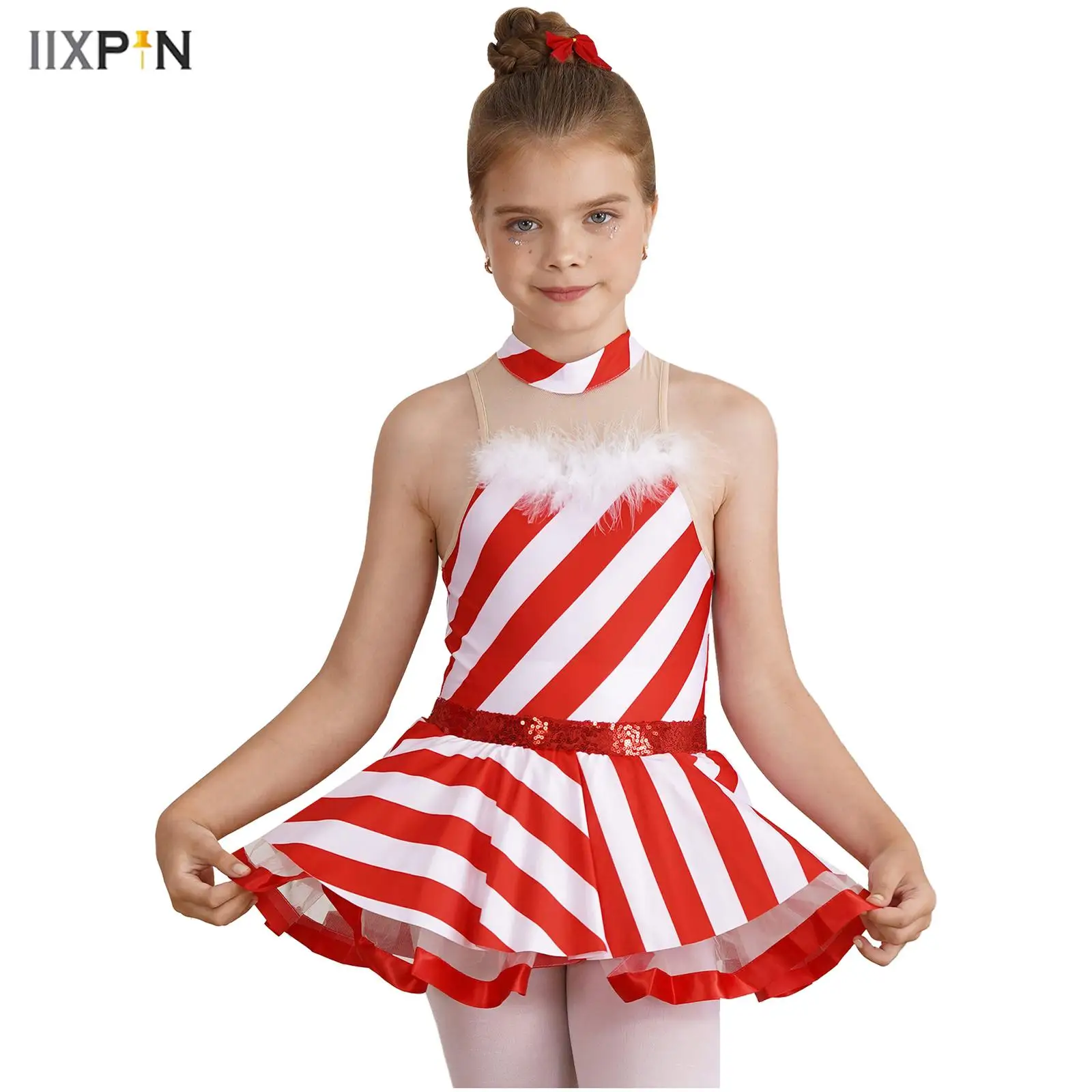 

Girls Christmas Dress up Costume Mock Neck Sleeveless Keyhole Back Mesh Patchwork Stripes Print Dress Ballet Tutu Dresses