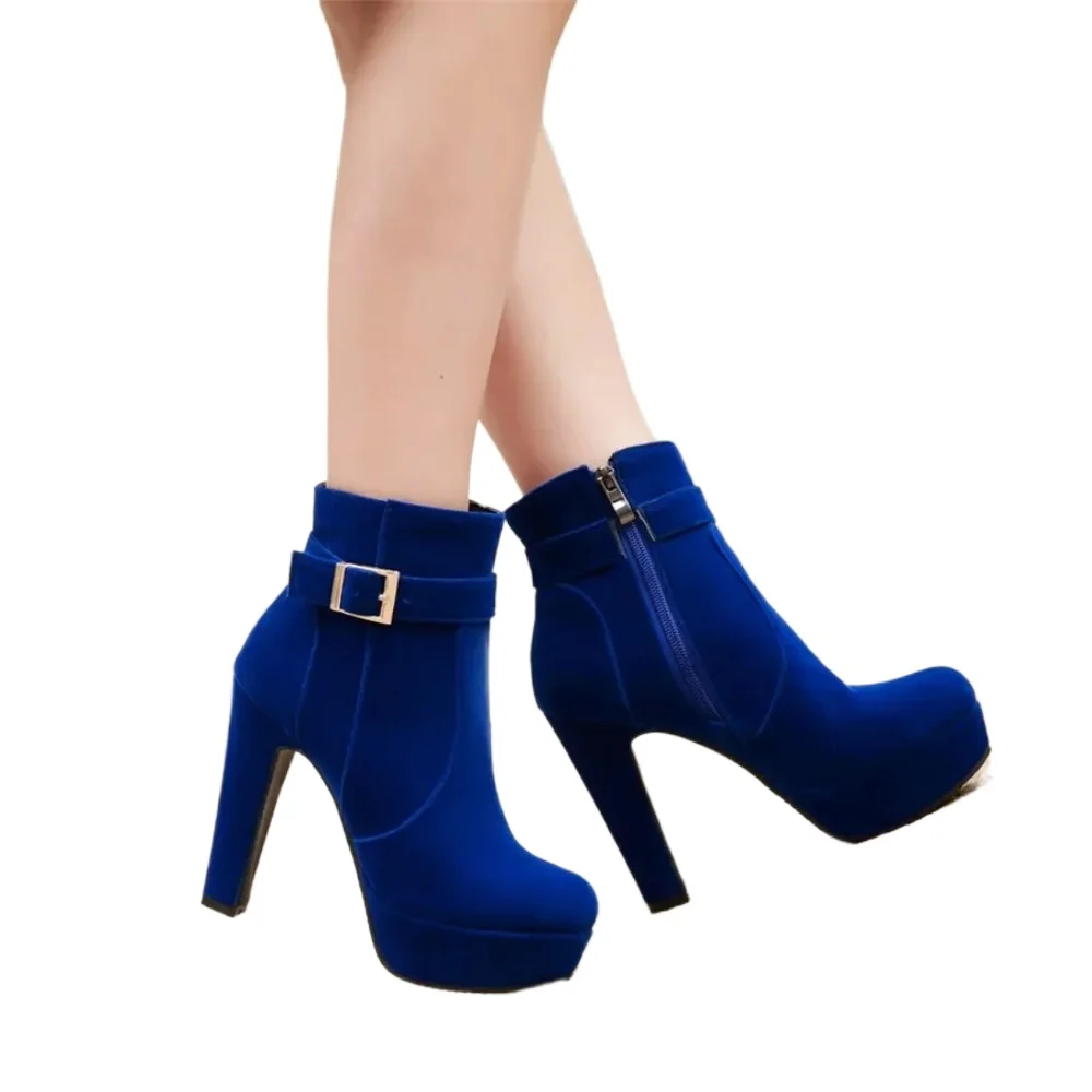 

Autumn Winter Women Ankle Boots Blue Red Flock Chunky High Heels Lady Round Toe Side Zipper Platform Short Boots SX-13