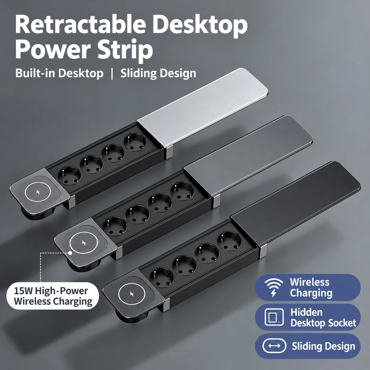 Desktop Embedded Socket with Slide Cover Hidden Wireless Charging (UK, US, Thai, EU, Multiple Three-Prong, Australian Standards)