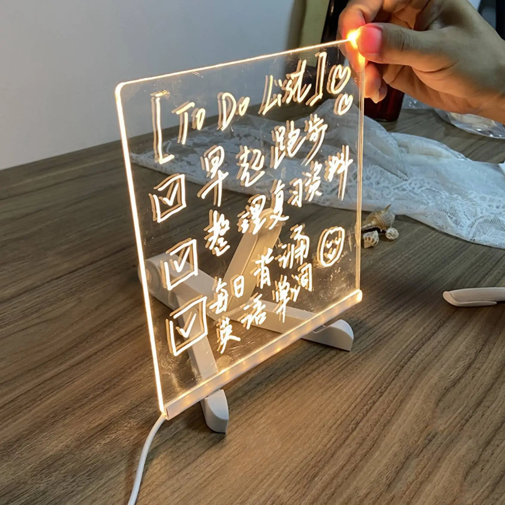 A34M-LED 아크릴 메시지 보드 라이트 USB 발광 드로잉 보드 메모 브래킷 포함 어린이 선물, 20X20CM