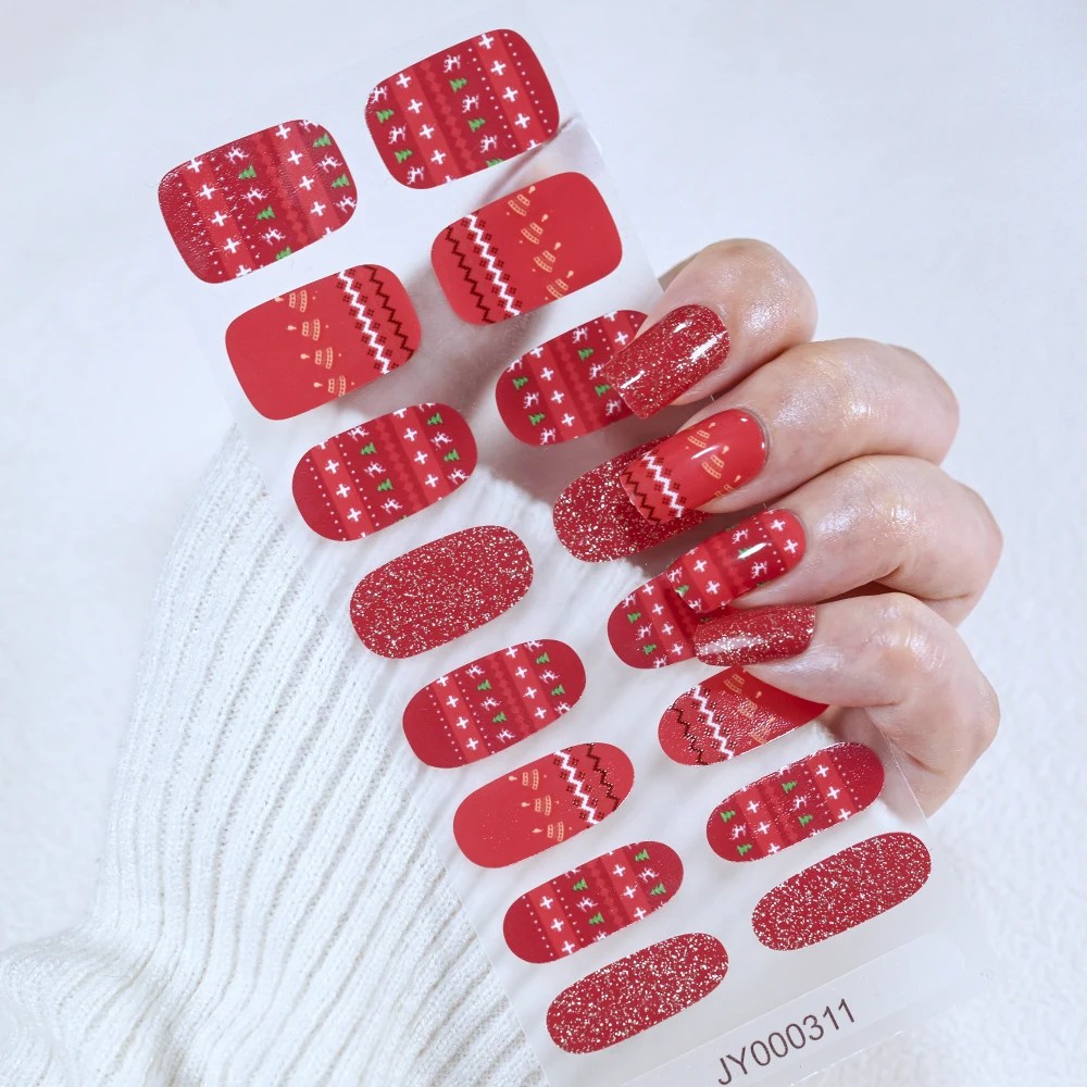 16Tips Red Christmas Gel Nail Stickers Snowflakes Star Glitter Line Design Baking-Free Nail Wraps Self-Adhesive Xmas Nail Slider
