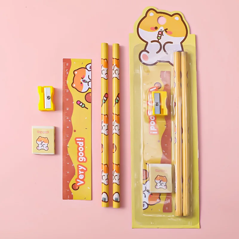 5Pcs/Set New Semester Stationery Set Pencil Eraser Pencil Sharpener Ruler Student Stationery Children's Day Gifts