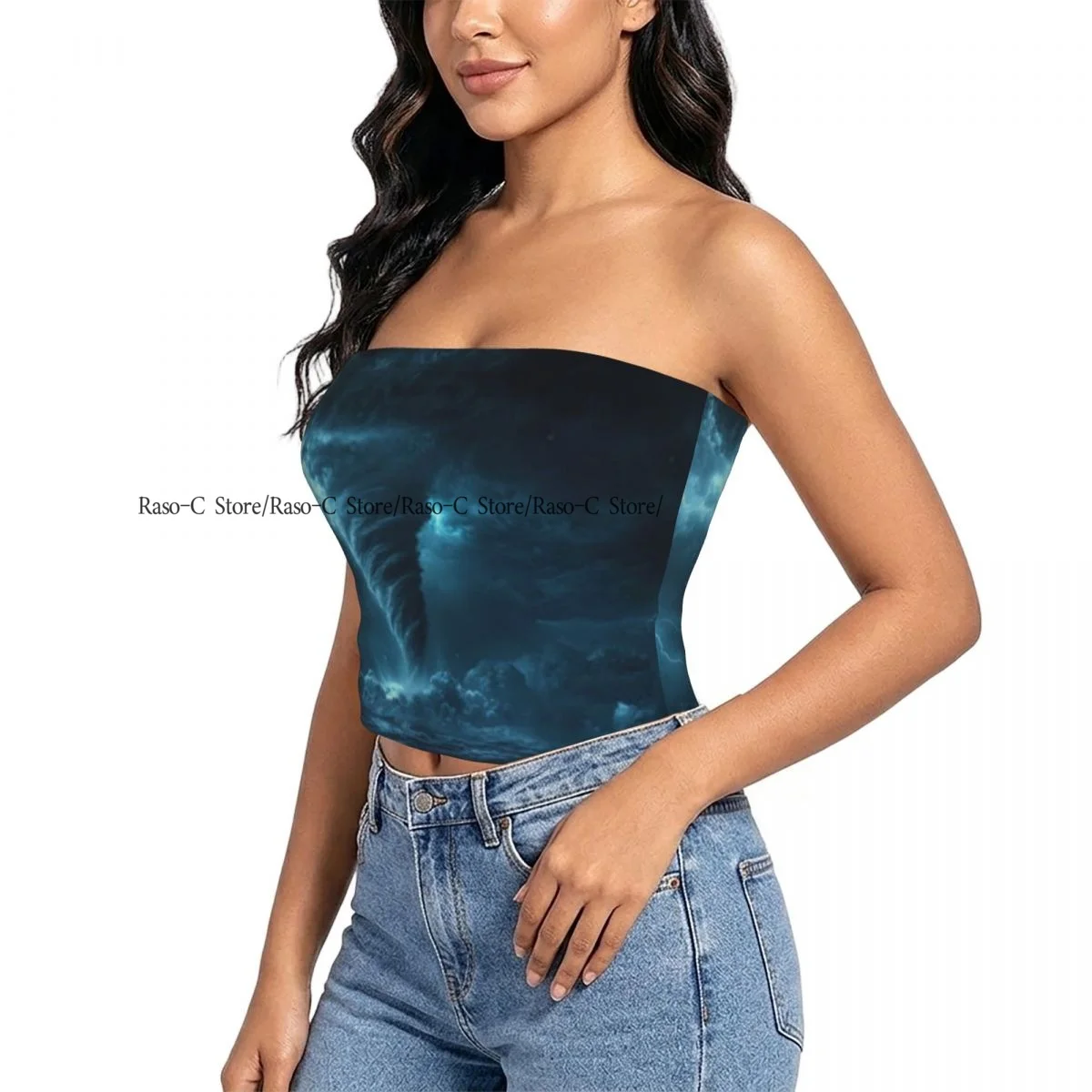 Women Block Crop Slim Tube Top Massive Tornado Forms Over The Sea Strapless Top For Summer Female Clothing