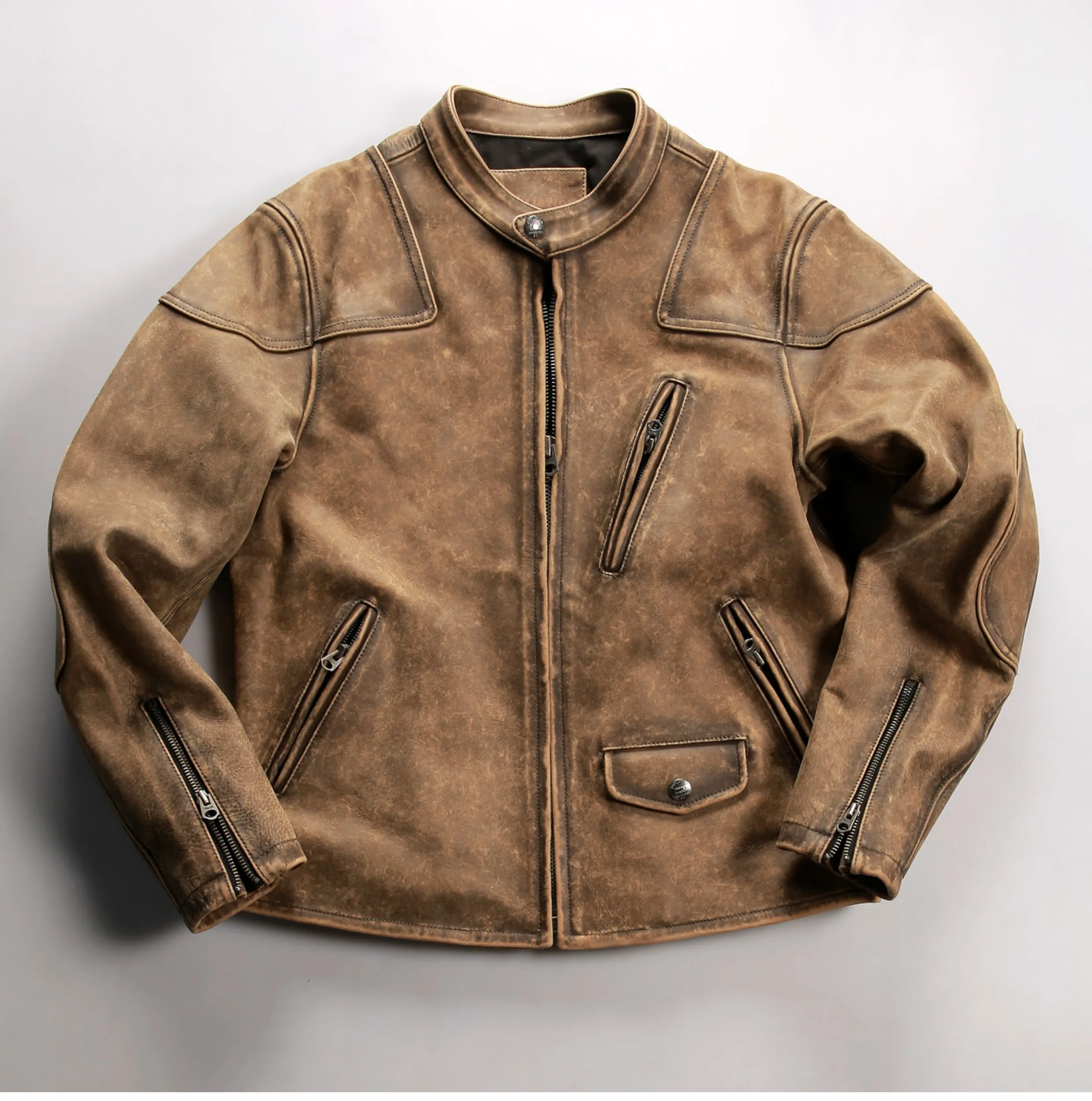 

Khaki Winter Leather Jacket Men Retro Vintage Style Plus Size 5XL Genuine Natural Cowhide Stand Collar Leather Coat