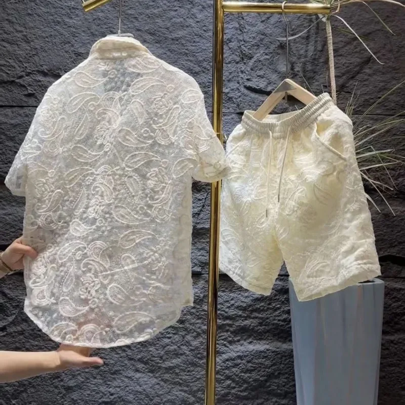 2025 New Hollow Mesh 2pcs Set For Men's Light Luxury Leisure Fashion Blouse Trend Embroidered Shirt Shorts Unisex Two Piece Set - Image 3
