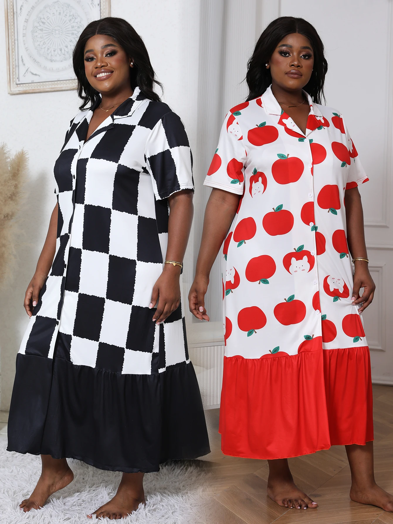 

2-pack plus size women's pajamas - round neck short sleeved checkered printed milk silk summer loose nightgown 1XL-5XL