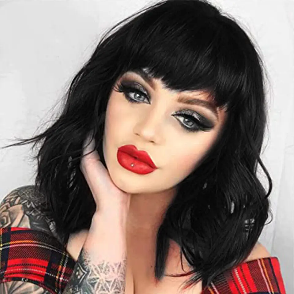 

Black Wig for Women Short Wavy with Bangs Curly Bob Wigs Heat Safe