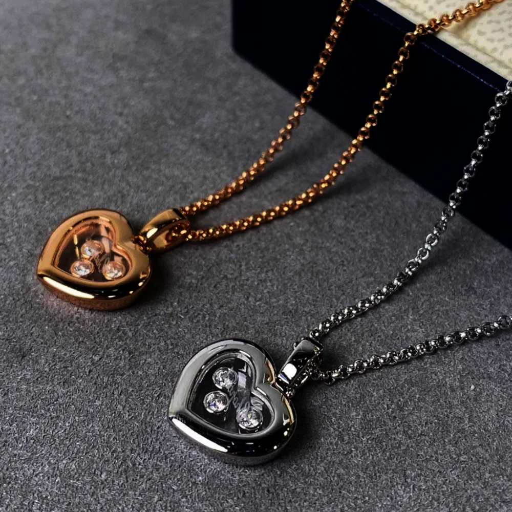 High-Quality Removable 3 Stone Rhinestone Gold Plated Love Heart Pendants Happy Necklace for Ladies Luxury Jewelry