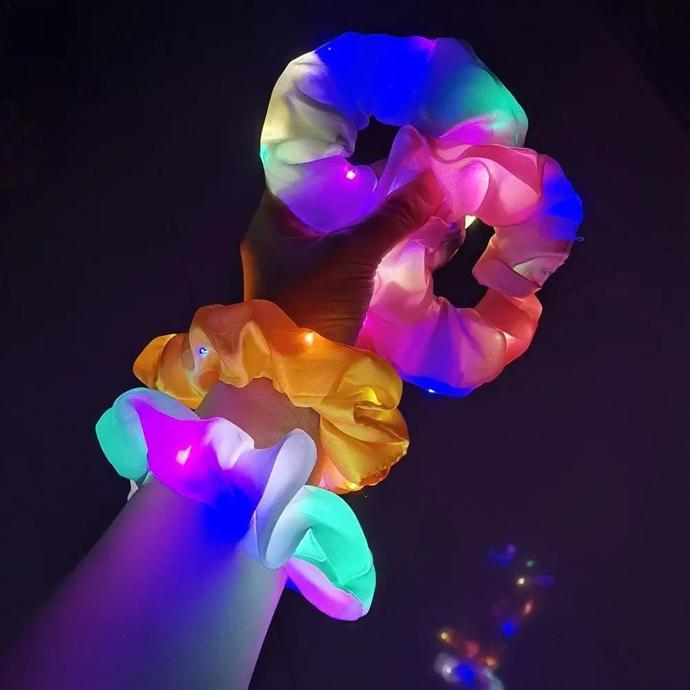 LED Light Hair Scrunchie Satin Elastic Hair Bands Ties Ropes For Women Girls Halloween Christmas Glow In The Dark Party Supplies