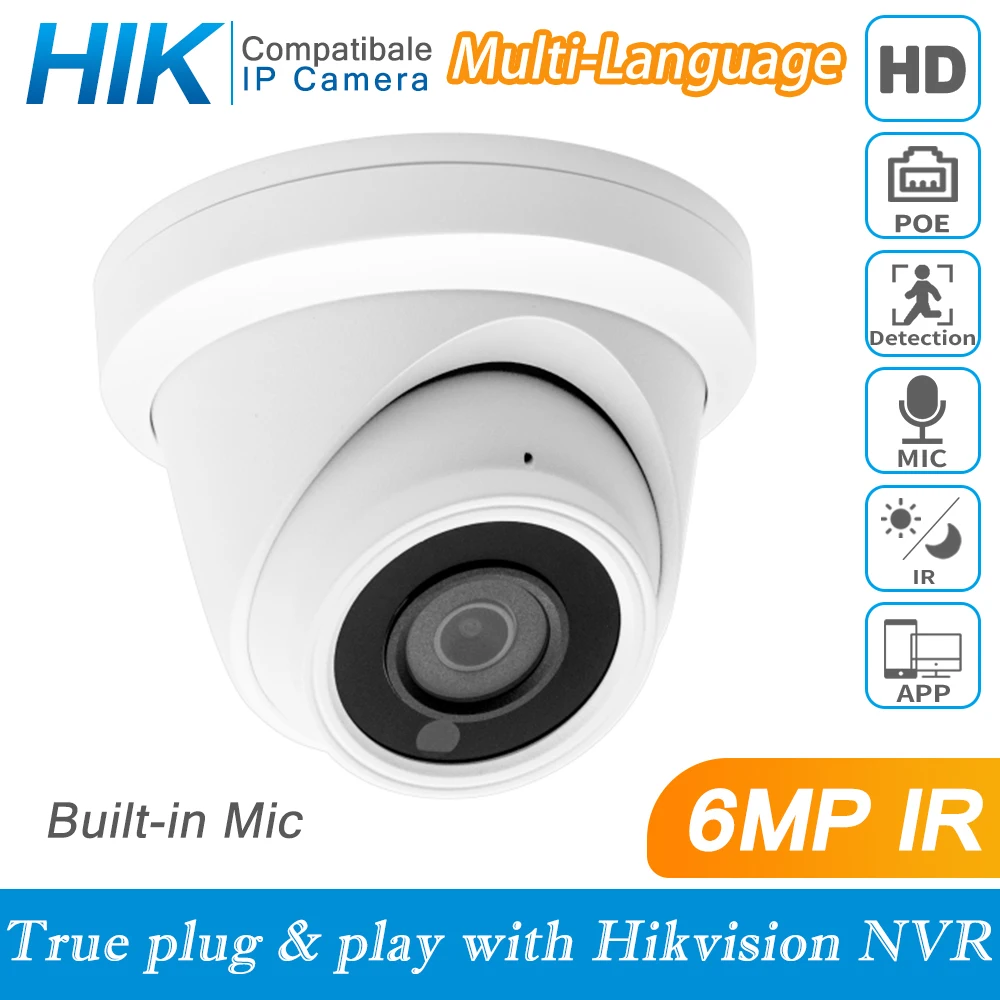 Hikvision Compatible 6MP POE Mini Camera Built in Mic CCTV Human Vehicle Detection Night Vision Home Security Surveillance