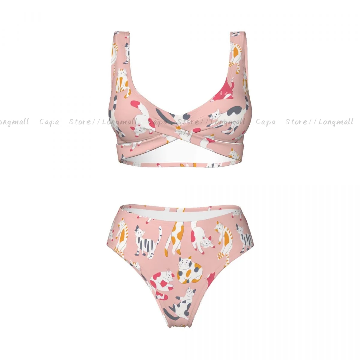 Zomer Dames V-hals Bikini Set Leuke Kat Patroon Badmode Vrouwelijke 2-delige Strandbadpak Badpak