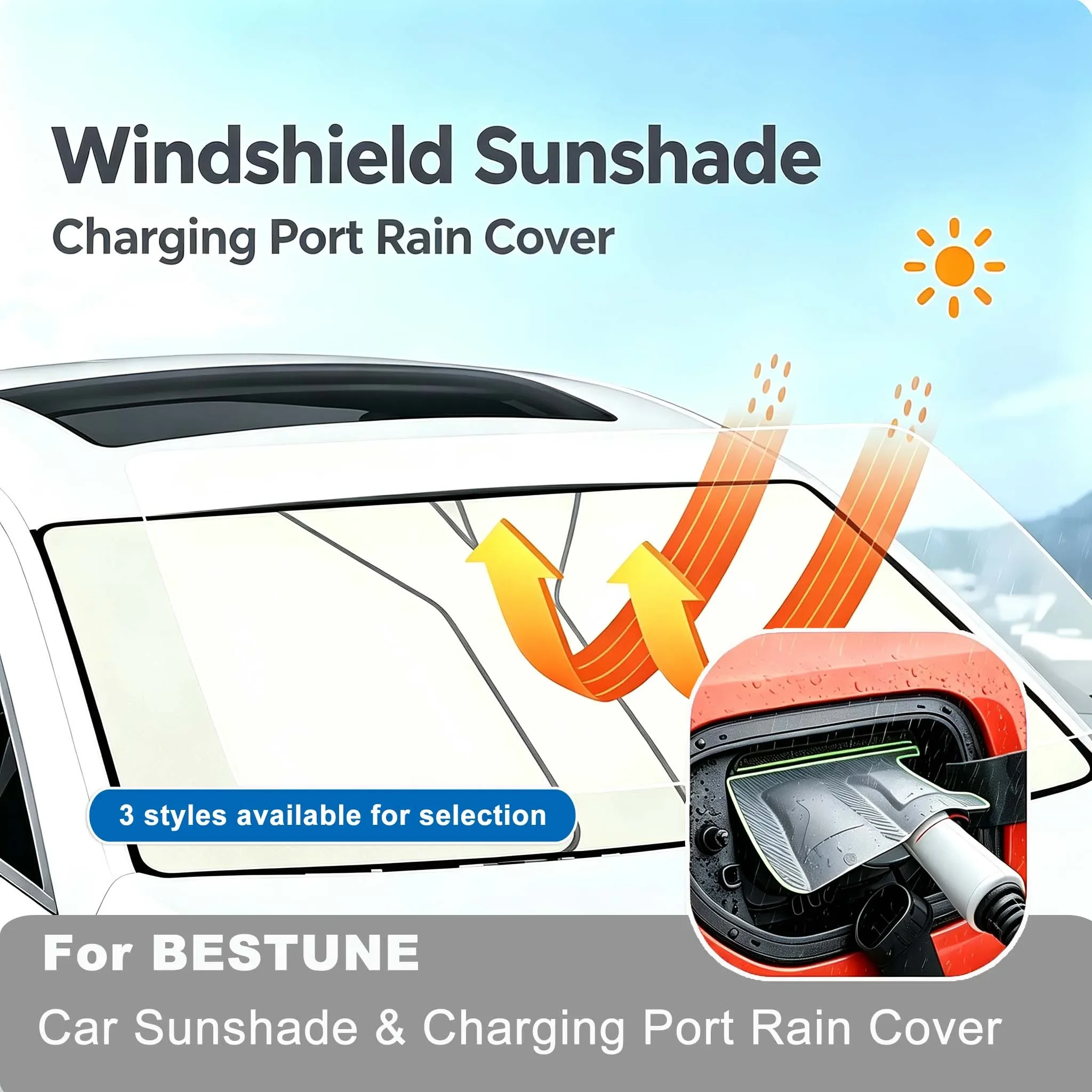 For BESTUNE NAT Fast Charging Slow ChargingCar Front Windshield Sunshade,Charging Port Waterproof Charging Gun Rain Cover