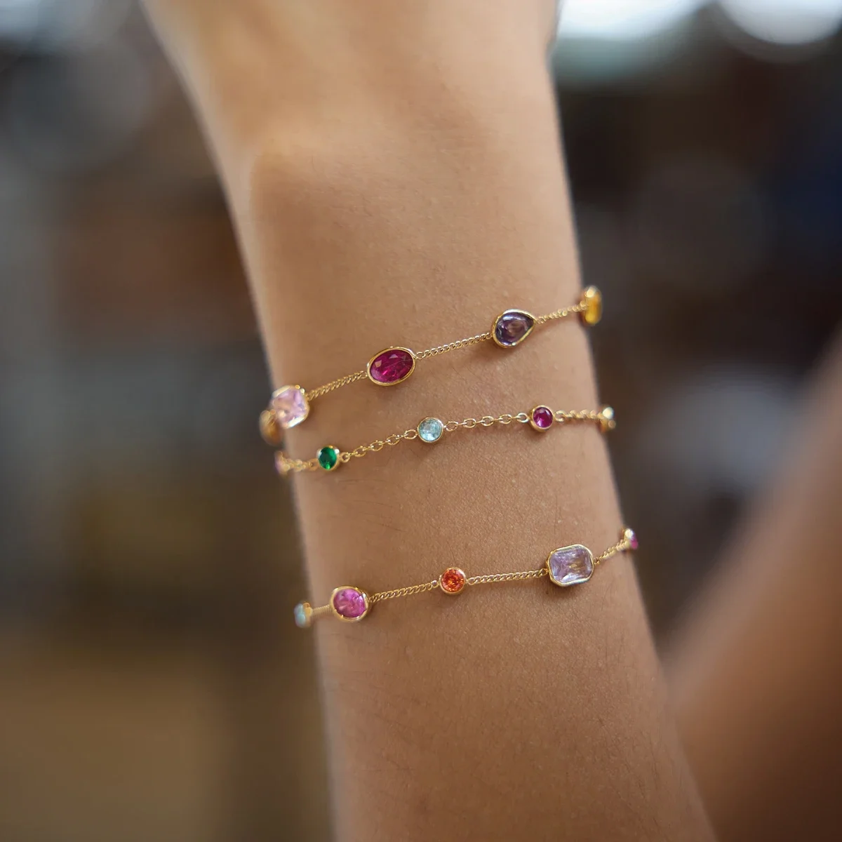 Colorful Gemstone Thin Gold Bracelet Oval Rectangle Crystal Bead Adjustable Delicate Stackable Women Bracelet
