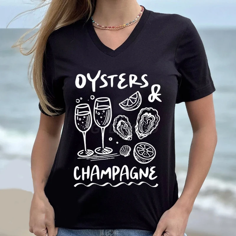 Woman T-shirts Oysters and Champagne Shirt Coastal Foodie Tee Beach Brunch Graphic Tee V-neck Wine and Seafood Printed T-shirt