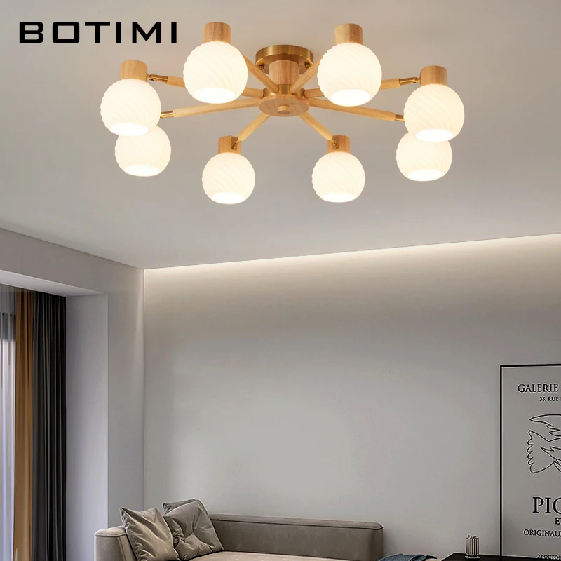 Nordic Rubber Wood Ceiling Lights With Glass Lampshades For Living Room Modern Ceiling Lustres Bedroom Lamparas Wooden Lighting