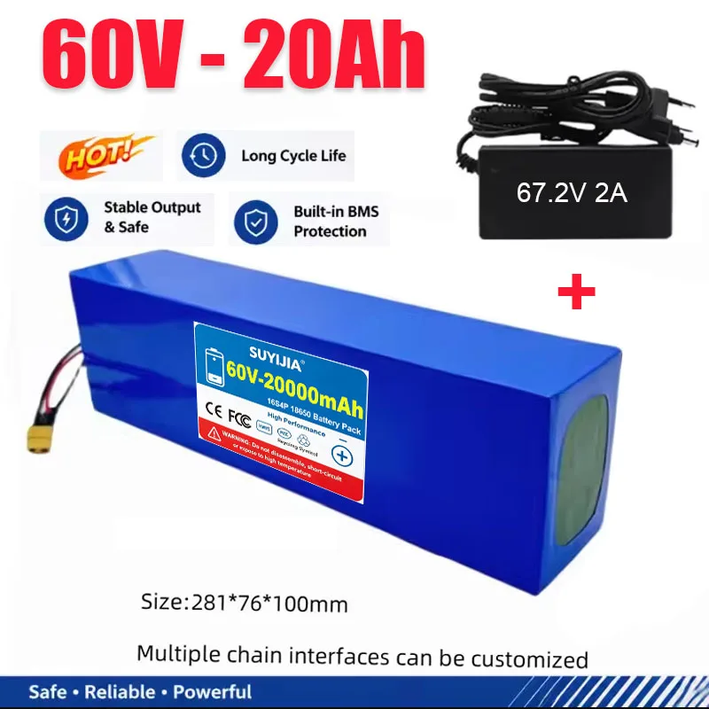 NEW 18650 100%Original 60V 20Ah  Li-ion Battery Pack 16S4P with BMS 0-1500W for High-power 67.2V Motorcycle Tricycle