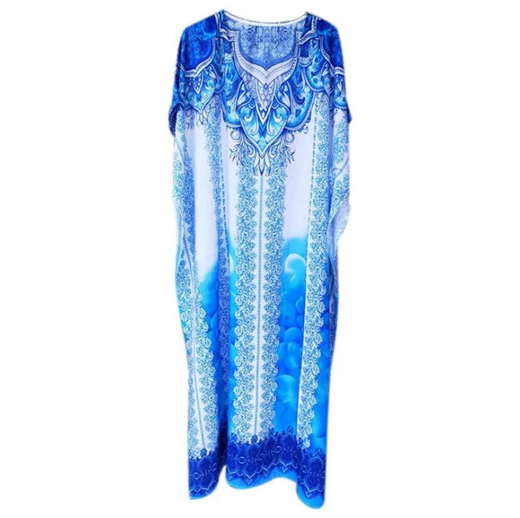 Robe de plage style caftan bleu pour femmes, tunique en coton, col en V, cochon size, cover-up pour bikini, Industries ong, été