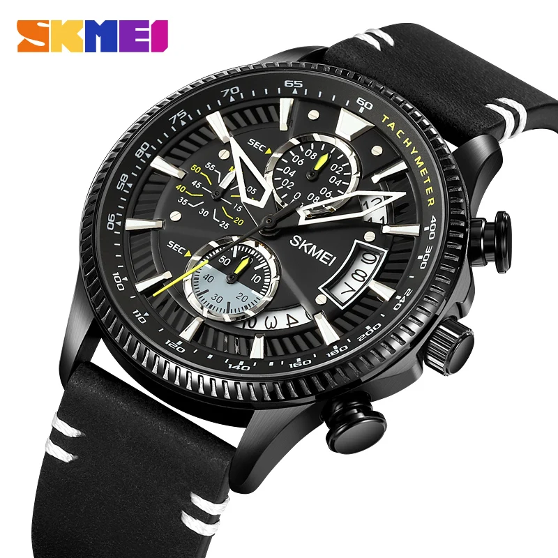 

SKMEI Calendar Quartz Watch Fashion Casual Men's Watches Stopwatch Waterproof Sport Bracelet Original reloj hombre Leather Strap