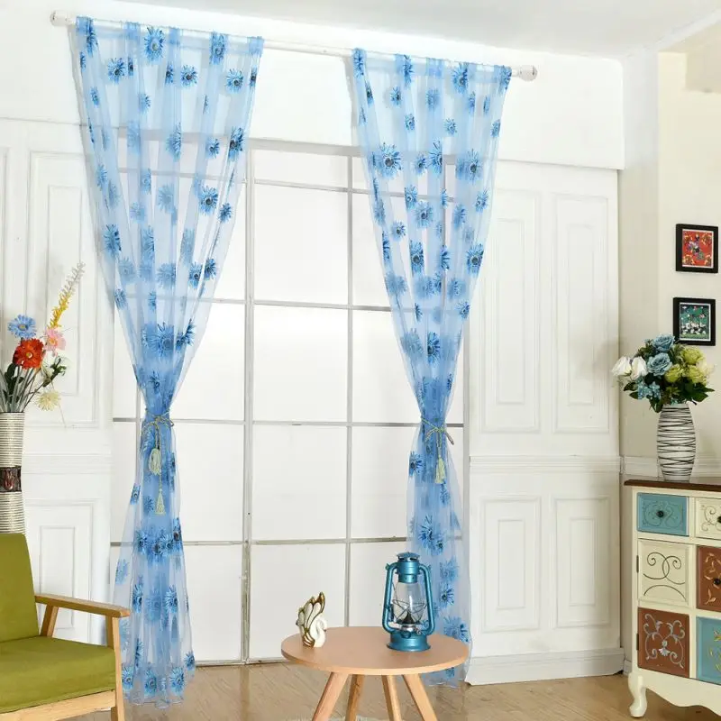 Sunflower Tulle Curtains Yellow Floral Tulle Curtains Curtain Fabric Decorative Living Room Through Rod Light Translucent Curtai