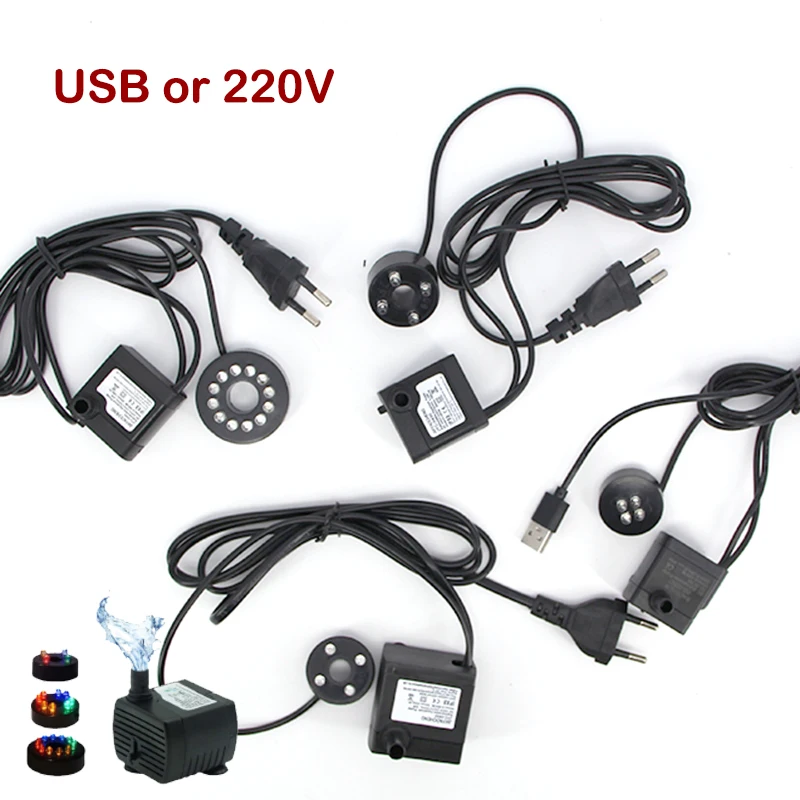 2.5W 3W 5W 5V USB 220V Aquarium Submersible Water Pump LED light Fish Tank Fountain Pond EU Plug Aquario Pumps Aquatic Pet a1