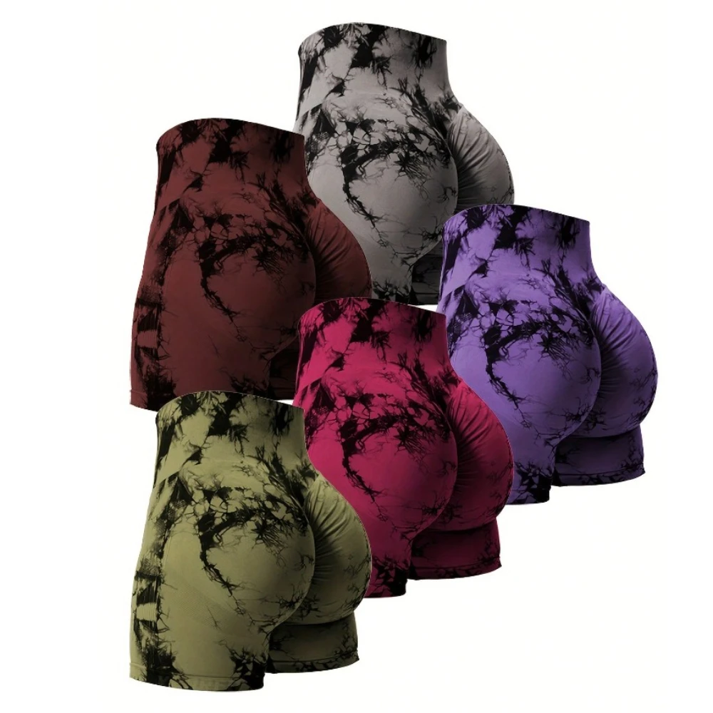 Fitness yogashorts voor dames Tie Dye yogashorts met hoge taille Sneldrogende strakke sportshorts Perzik heupcompressiesportbroeken