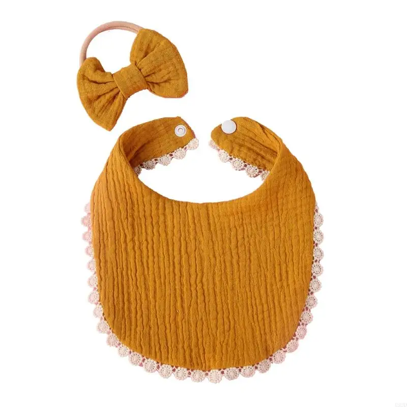 K92D 2 Pcs Princess Bowknot Hair Band Feeding Bibs for Triangle Scarf Baby Girls Elastic Bows Headband Saliva Towel