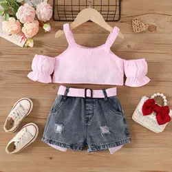 Summer pink suspender with off shoulder flared sleeves, short top, denim shorts set for small and medium-sized children and girl